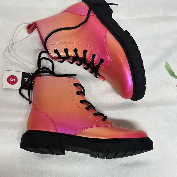 Art Class Pink and Orange Combat Boots with Lace-Up Design - Picture 1 of 9